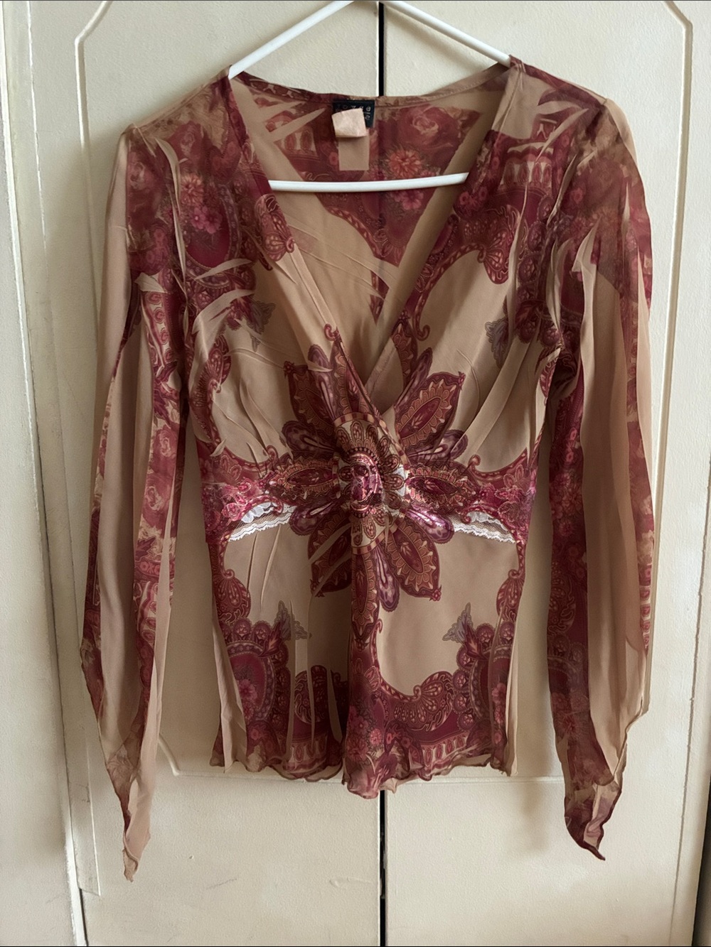 Sheer Paisley  Women's Top in Mauve & Nude flowy sleeve fitted